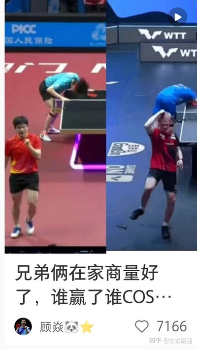 这是一张左右对比的梗图，左侧是国乒选手樊振东在国内乒乓球赛事中赢球后握拳抬腿、兴奋庆祝的画面，对面的选手低头失落；右侧是外国乒乓球选手在WTT赛事中赢球后，做出和樊振东几乎一样的庆祝动作，甚至鞋子都掉了一只，对面选手同样低头。图下配文“兄弟俩在家商量好了，谁赢了谁COS…”，玩的是两人动作神同步，像是提前约定好赢球就模仿对方的搞笑梗，充满趣味性。
