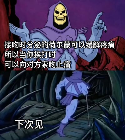 这是一张由上下两部分组成的梗图，使用了《宇宙的巨人希曼》中反派角色骷髅王的动画截图。上半部分中，骷髅王自信地用手势讲解，配文称“接吻时分泌的荷尔蒙可以缓解疼痛，所以当你挨打时可以向对方索吻止痛”。下半部分则是骷髅王匆忙逃离的画面，配文“下次见”，形成幽默对比。
