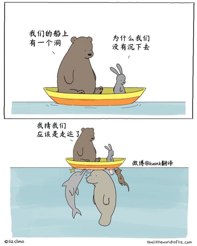 这是一幅两格漫画，上格中一只熊和一只兔子坐在一艘黄色小船上，熊说："我们的船上有一个洞"，兔子疑惑地问："为什么我们没有沉下去"。下格中熊猜测："我猜我们应该是走运了"，而画面下方揭示了真相——船底有海豚、海牛和一只小动物正在合力托举着船，堵住了漏洞。漫画通过这种反差制造出温馨幽默的效果，展现了动物间默默的互助精神。