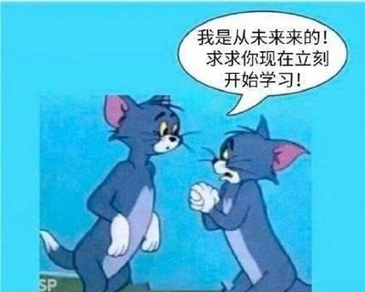 这是一张改编自动画《猫和老鼠》的搞笑梗图，画面中两只汤姆猫相对而立，右侧的汤姆双手合十，带着急切恳求的神情，对着左侧一脸茫然的汤姆说道：“我是从未来来的！求求你现在立刻开始学习！”。用“未来的自己恳求现在的自己学习”的趣味设定，精准戳中当代人不想学习却又焦虑未来的矛盾心态，以幽默的方式调侃拖延学习的状态。
