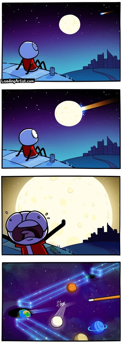 这是一组四格连环卡通漫画，第一格展示了一个卡通角色坐在屋顶上，身旁放着饮料罐，悠闲地望着夜空中的流星；第二格中流星径直撞向月球；第三格画面突变，月球变得无比巨大，朝着角色的方向快速逼近，角色露出惊恐万分的表情，身旁的饮料罐被碰倒；第四格揭示了反转的真相：所谓的月球和地球都是宇宙弹珠台里的弹珠，流星其实是弹珠台的击球杆，月球弹珠被击中后撞到了地球弹珠，制造出前面紧张的假象，整个剧情通过宏大天文场景和日常弹珠游戏的反差制造幽默效果。