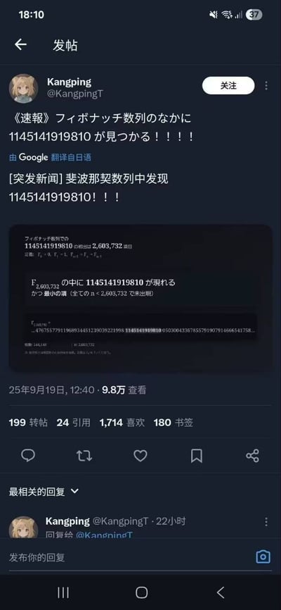 这是一张手机社交媒体平台的帖子截图，用户Kangping（@KangpingT）发布了一条包含日语和中文翻译的内容，声称在斐波那契数列中发现了数字1145141919810。帖子下方显示有9.8万查看、199转帖、24引用、1714喜欢和180书签。图片中还包含一个黑色背景的文本框，内有疑似数学公式或数据的日文内容。
其中114514是源自日本动漫的网络迷因，常被用于搞笑或调侃，因此该帖子可能具有幽默调侃性质，并非真实新闻。