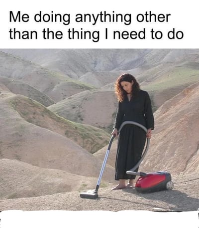 这张梗图由上方文字和下方图片组成，文字内容为"Me doing anything other than the thing I need to do"（我在做任何我不需要做的事情）。图片中一位卷发女性穿着黑色长裙，在荒凉的沙漠山地环境中认真地使用红色吸尘器清洁地面。

图片通过极端反差制造幽默效果：在完全不需要吸尘的沙漠环境中进行吸尘作业，完美诠释了人们拖延重要任务、反而专注于无意义小事的心理状态。