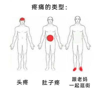 这是一张趣味吐槽类的静态梗图，上方标题为“疼痛的类型：”，下方并列三幅相同的男性人体线稿图，分别通过红色标记和配文对应不同的“疼痛”：左侧图头部有红色标记，配文“头疼”，对应真实的头部疼痛；中间图腹部有红色标记，配文“肚子疼”，对应真实的腹部疼痛；右侧图双脚有红色标记，配文“跟老妈一起逛街”，用夸张的方式调侃和母亲逛街时因长时间走路导致脚部酸痛疲惫的经历，将这种日常疲惫归为一种“疼痛”，以贴近生活的吐槽制造搞笑效果，引发有类似经历的人的共鸣。