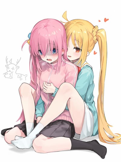 插画中展示了两个可爱的少女形象。粉色长发的少女穿着粉色外套和黑色短裙，表情害羞惊讶，脸颊泛红并微微流汗，双手抱在胸前。金色双马尾的少女穿着蓝色上衣和白色短裙，正从背后温柔地拥抱粉发少女，脸上带着俏皮的微笑，眼睛看向镜头。两人周围有几颗小爱心图案，营造出亲密温馨的氛围。画面左侧有一个小的卡通鹿图案水印。