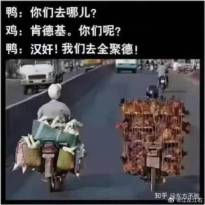 这是一张左右对比的图文混排搞笑梗图，上半部分是拟人化的对话：鸭子询问鸡要去哪里，鸡回答要去肯德基，鸭子随即骂鸡是“汉奸”，并表示自己要去全聚德。下半部分是对应的现实场景图，左侧是一辆摩托车载着多个装着活鸭子的篮子，右侧是一辆摩托车载着一笼活鸡。<br>这个梗运用了黑色幽默和双关：肯德基的招牌产品是炸鸡，全聚德的招牌产品是烤鸭，鸡鸭其实都是要被送往对应品牌成为食材，鸭子却误以为鸡主动去肯德基是“背叛同类”，用拟人的视角制造出荒诞的笑点。