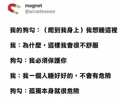 一张纯文字梗图，展示了主人与狗狗之间的温馨对话。狗狗坚持要爬到主人身上睡觉，当主人表示这样不舒服时，狗狗回答'我必须保护你'，在主人质疑没有危险时，狗狗说出'孤独本身就很危险'的暖心语录，体现了宠物对主人的陪伴价值和情感关怀。