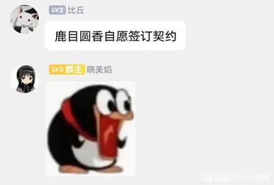 这是一张结合日本动画《魔法少女小圆》剧情创作的群聊式梗图。群成员“比丘”（头像对应动画中的丘比）发送消息“鹿目圆香自愿签订契约”，群主“晓美焰”（头像对应动画中的晓美焰）则回复了一个表情极度夸张、大张嘴巴的鼹鼠表情包。在原作剧情里，晓美焰为了阻止鹿目圆香与丘比签订契约、避免她走向悲剧结局而不断轮回，这个消息直接命中了晓美焰的核心执念，用表情包的夸张感放大了晓美焰得知消息后的震惊与崩溃，精准贴合角色人设，通过剧情反差制造出强烈的趣味效果。