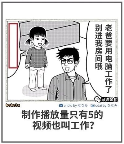 这是一幅经过汉化的黑白日式卡通单幅漫画，画面呈现家庭日常场景：戴眼镜的老爸笑着对扎双马尾的女儿宣告自己要进房间用电脑工作，让女儿不要打扰。但图片下方的配文却吐槽“制作播放量只有5的视频也叫工作？”，通过老爸看似正经的工作表述与实际产出的极低播放量视频形成强烈反差，制造出幽默效果，调侃了那些看似在工作实则产出价值极低的“摸鱼”行为，用家庭场景包装职场类的吐槽内容，贴近生活又带有讽刺趣味。