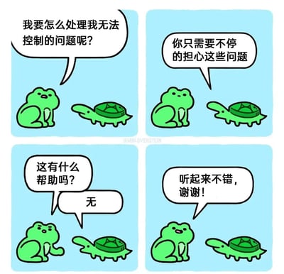 这是一张以青蛙和乌龟为主角的四格漫画表情包。青蛙问乌龟如何处理无法控制的问题，乌龟机智（其实带有讽刺意味）地建议“不停地担心这些问题”。青蛙又追问有没有帮助，乌龟冷静地回答“无”，青蛙反而满意地说“听起来不错，谢谢！”。漫画对应现实中大家“焦虑不可控的事情却停不下来”的自嘲心理，十分有幽默和讽刺意味。

漫画带有对现代人（特别是焦虑和自我卷入的都市青年）的无奈调侃，并且用动物拟人化加重反差感。台词风格幽默直白，带有“精神内耗”、“治愈系废话”、“自嗨安慰”以及“无助感”的影子。

双关/暗示：漫画用“担心”来讽刺性地当作解决方案，实际上是在调侃大家只是一直焦虑却无法真正解决问题。