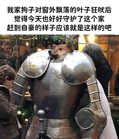 一张搞笑图片，展示了一只狗的头被PS到中世纪骑士盔甲上，配上文字描述狗对飘落的叶子狂吠后觉得自己守护了家园的自豪模样。背景是一个有节日装饰的市场场景。