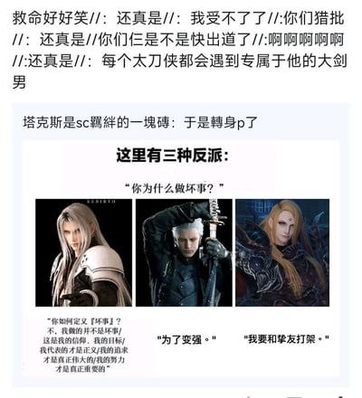 这是一张玩家自制的搞笑二次创作梗图，将三款不同游戏的经典反派角色套入「三种反派」模板中，调侃不同反派的行为逻辑：
1. 左侧《最终幻想7 重生》的萨菲罗斯，对应「用宏大叙事、信仰来反驳『做坏事』的质问」；
2. 中间《鬼泣》系列的维吉尔，对应「为了变强而行动」；
3. 右侧《最终幻想14》的芝诺斯，对应「单纯为了和挚友打架而挑起事端」。
上方附带玩家的玩梗评论，比如「每个太刀侠都会遇到专属的大剑男」，玩了角色武器的梗，萨菲罗斯、维吉尔使用太刀类武器，芝诺斯使用大剑，引发游戏玩家的共鸣。