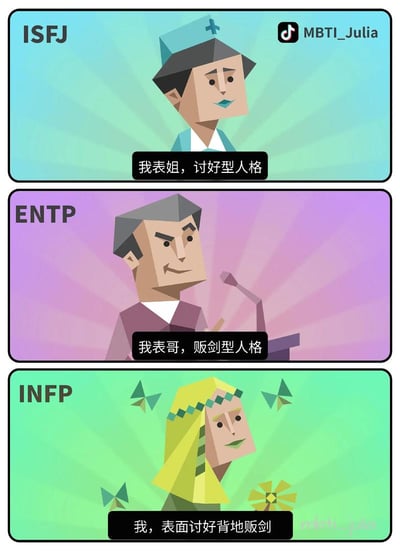 这是一张三格连环形式的MBTI人格调侃卡通梗图，整体采用低多边形的几何绘画风格，每格对应一种MBTI人格，搭配不同的背景色与符合大众对该人格刻板印象的人物形象：第一格背景为浅蓝色，标注ISFJ人格，人物是佩戴十字护士帽的女性，配文调侃这类人格是讨好型人格；第二格背景为粉紫色，标注ENTP人格，人物是站在讲台前面带狡黠笑意的男性，用谐音梗“贩剑（犯贱）”调侃这类人格爱搞怪、爱逗人的特质；第三格背景为浅绿色，标注INFP人格，人物周围环绕着蝴蝶、花草的浪漫元素，配文调侃这类人格外在看起来和善讨好，背地里也有搞怪叛逆的一面，内容贴近网友对MBTI人格的普遍调侃认知，风格轻松诙谐，容易引发共鸣。