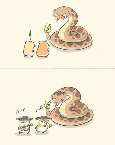 这是一幅两格漫画，上格中一条愤怒的蛇正对着两只惊讶的仓鼠，下格中蛇和仓鼠们都戴上了帽子，仓鼠们正在为蛇演奏音乐。