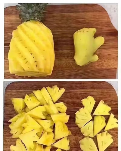 整张图为上下拼接的对比图，拍摄场景为木质砧板上的食材。上图左侧是一块已经削去外皮、保留了果眼的完整菠萝果肉，右侧是一块削好的生姜，二者颜色均为淡黄色，生姜的外形和削好的菠萝高度相似，乍看难以分辨。下图是将上图的菠萝和生姜分别切块后的状态，切好的菠萝块和生姜块外形也几乎一致，非常容易混淆，整体内容趣味性很强，展现了两种食材出乎意料的高相似度。