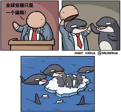 三格连环漫画：第一格中，一个穿着西装、打着红领带的卡通人物站在讲台上，右手举起，宣称“全球变暖只是一个骗局！”；第二格中，该人物头部变成虎鲸头，正与另一只虎鲸击掌，两只虎鲸都露出牙齿，表情兴奋；第三格展示海洋场景，几只虎鲸围着一块狭小的浮冰，浮冰上挤满了企鹅，周围海水里还有鲨鱼鳍露出。漫画通过夸张对比，讽刺了全球变暖否认论，暗示否认者可能与既得利益者（以虎鲸象征）勾结，而企鹅等弱势群体则面临生存威胁。