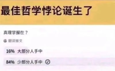 图片顶部为黄色背景文字'最佳哲学悖论诞生了'，下方白色背景区域提出问题'真理掌握在？'，并显示类似投票结果的选项：16%选择'大部分人手中'，84%选择'少部分人手中'（且84%选项旁有对勾标记）。该图通过投票结果本身形成悖论——若84%（多数）认为真理在少数人手中，那么多数人的这个共识是否成为新的'真理'，从而与'少数人掌握真理'的结论矛盾，引发对真理归属的哲学思考。
