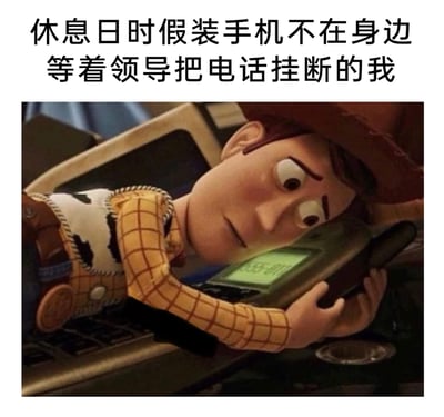 这是一张职场主题的二次创作表情包，上方配有文字“休息日时假装手机不在身边等着领导把电话挂断的我”，图中是迪士尼动画《玩具总动员》里的胡迪警长，他双手捧着老式手机，眉头紧皱、眼神紧张地紧盯屏幕，脸上满是焦虑与忐忑的神情，精准还原了职场打工人在休息日接到领导来电时，既不敢主动挂断又不愿接听，只能紧张等待对方先结束通话的无奈与忐忑心态，能够引发广大职场人的强烈共鸣。