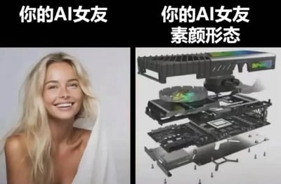 这是一张左右结构的对比搞笑梗图，整体分为两部分：左半部分上方配文“你的AI女友”，下方是一名金发、面带灿烂笑容的女性形象，代表大众认知里AI虚拟女友对外呈现的美好拟人化形象；右半部分上方配文“你的AI女友 素颜形态”，下方是拆解开来的电脑显卡爆炸结构示意图，用调侃的方式点出AI虚拟女友本质是依托显卡等硬件运行的数字程序，通过两种完全不相关的形象做反差对比制造笑点，趣味十足。