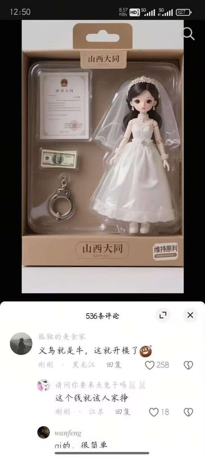 这是一张社交媒体平台的截图，上方展示了一款以山西大同相关热点事件为原型制作的玩具套装，套装内包含身着婚纱的娃娃、印有类似判决书内容的证书、1美元钞票模型、手铐模型，包装上下均印有“山西大同”字样，右下角标注“维持原判”；下方是该内容的评论区，点赞最高的评论为“义乌就是牛，这就开模了😎”，还有其他网友评论“这个钱就该人家挣”等，网友们调侃义乌商家紧跟热点快速生产相关商品的能力，同时也有网友认可商家的商业嗅觉。