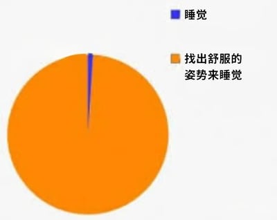 一张幽默的饼图，展示了人们在睡觉时'睡觉'和'找出舒服的姿势来睡觉'的时间占比。其中蓝色小块代表'睡觉'，橙色大块代表'找出舒服的姿势来睡觉'，夸张地表现了人们花在寻找舒适睡姿上的时间远多于实际睡眠时间的现象。