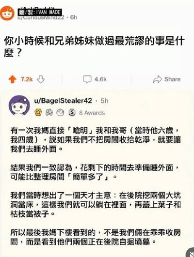 这是一张Reddit论坛的帖子翻译截图，首先是楼主提问“你小时候和兄弟姐妹做过最荒谬的事是什么”，该帖获得7.2k点赞、4.6k条评论。高赞回复由用户u/BagelStealer42发布，内容为自己四岁时和六岁的哥哥被妈妈要求收拾房间，否则就要去外面睡，兄弟俩觉得准备睡外面比收拾房间更简单，就去后院挖了两个坑当床，打算盖树叶枯枝当被子，最后妈妈下楼看到的不是收拾好的房间，而是俩孩子在院子里挖坑的场景，就像在自掘坟墓，整体内容诙谐有趣。