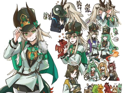 这是一组《明日方舟》的粉丝自制同人涂鸦插画，主视觉是身着军装风格服饰的干员塞雷娅，画面包含多个趣味小场景：塞雷娅与博士的亲密互动、和赫默的拌嘴日常、抱着小火龙伊芙利特的温柔瞬间，还有凯尔希、缪尔赛思、煌、红等多位干员的同框画面，以及Q版干员的可爱互动，整体风格活泼治愈，展现了干员们不同于战斗的轻松日常。