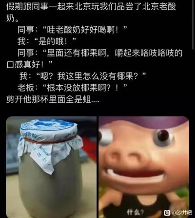 这是一则由文字段子与两张图片组成的恶心搞笑类内容，文字部分讲述了用户和同事假期到北京品尝老酸奶时发生的离谱事件：同事称赞老酸奶好喝，还说里面的“椰果”嚼着口感好，用户发现自己的酸奶里没有椰果，老板却表示这款老酸奶根本没放椰果，最后剪开同事的酸奶杯，发现里面全是蛆，将同事误吃蛆的恶心场景以反转的方式呈现；下方左侧是传统瓷瓶包装的北京老酸奶，右侧是出自《猪猪侠》的卡通猪惊讶表情包，用来传递看到这个段子后震惊、不适又哭笑不得的情绪。