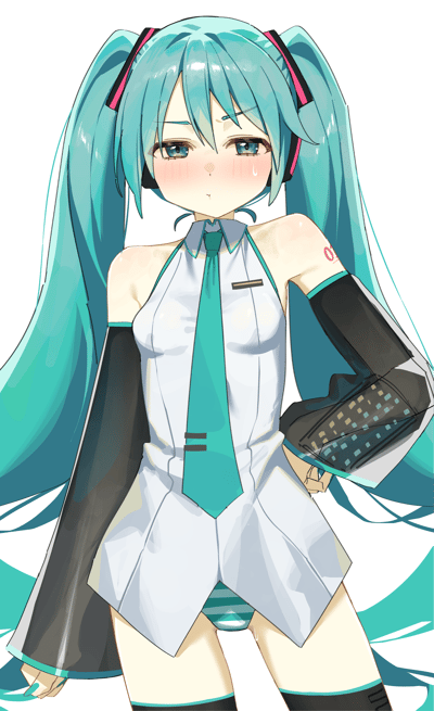 这是一幅虚拟歌手初音未来的同人插画，图中的初音未来有着标志性的青蓝色双马尾，身着经典的白色公式服搭配青绿色领带与黑色袖套。她脸颊泛起明显红晕，眼角挂着汗珠，嘴角微撇，露出害羞又窘迫的神情，一只手叉腰，姿态带着几分局促感。图中没有双关、谐音梗或暗示内容。