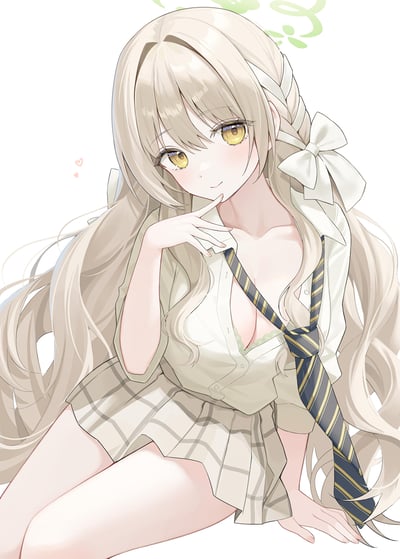 这是一幅二次元风格的AI生成插画，画面主体是一位浅金色长发的少女，头发扎成带有白色大蝴蝶结的双马尾，身着解开几颗扣子的白衬衫，搭配藏青黄条纹领带与浅棕格纹JK裙，内搭绿色蕾丝边内衣。少女以放松的坐姿，用一根手指轻抵唇边，琥珀色的眼眸带着温柔笑意，神态俏皮又甜美。画面左侧有粉色小爱心装饰，右上角有浅绿色抽象图案，整体色调清新柔和，充满青春少女感。