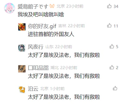 这是一张国内社交媒体的评论区截图，楼主“愛島館子です”发布内容“我埃及吧叫啥就叫啥”，定位为北京，该内容获得34个点赞；后续有五位用户参与评论，其中用户“你的好友.gif”留言“进驻首都的外国友人”，另外三位用户“风夜行”“口叩品晶”“泊云”均重复留言“太好了是埃及法老，我们有救啦”，将楼主发言中的“埃及吧”谐音为“埃及法老”，形成趣味玩梗的评论互动氛围。