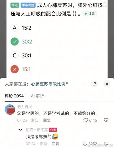 这张截图分为上下两部分，上半部分是一道标注为「本市考题」的驾考单选题，题目询问成人心肺复苏时胸外心脏按压与人工呼吸的配合比例，四个选项分别为15:2、30:2、30:1、15:1，其中30:2被标记为正确答案，15:1被标记为错误答案；下半部分是该题的评论区，网友「无力自拔」留言调侃「您是学医的，还是学考试的，不能约分的」，考题发布者「尼克·皮夹克」回复称「我是考驾照的」并搭配哭笑表情，笑点在于考驾照这类非医学相关的考试也会涉及心肺复苏专业知识点，同时网友吐槽这类比例题不能按数学逻辑约分记忆的调侃十分有梗。