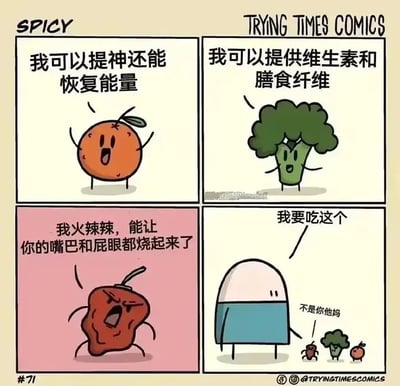这是一则四格漫画，左上是橙子自夸可以提神、右上是西兰花推荐自己富含营养，左下是辣椒夸张表示自己很辣能让人口腔和屁股都感到灼热。右下是一个小人角色对着三种蔬果说“我要吃这个”，但实际上指的是西兰花后面的小辣椒，并强调“不是你他妈”，巧妙地用双关语和误导恶搞效果制造笑点。

图中有明显的双关和吐槽梗，“不是你他妈”既指不是大的辣椒，也带有网络梗语气。