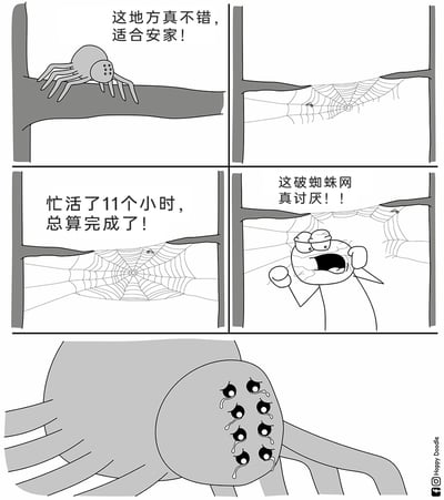 这是一组由五格组成的黑白卡通连环漫画，讲述了一只蜘蛛的无奈遭遇：第一格中，蜘蛛选中一处位置，满意地觉得这里适合安家；第二格展示蜘蛛开始在该位置织网；第三格中，蜘蛛历经11个小时的忙碌，终于完成了一张精致规整的蛛网；第四格出现一个卡通路人角色，它握拳大喊，满脸愤怒地嫌弃这张辛苦织成的蛛网；第五格镜头聚焦蜘蛛，它双眼满是泪水，神情崩溃，十分难过。漫画通过蜘蛛的辛勤付出被轻易否定的强烈反差，营造出扎心又搞笑的效果，精准刻画了努力不被认可的无奈日常，引发读者共鸣。
