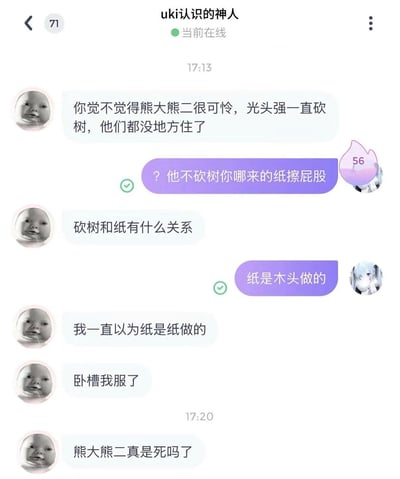 这是一张社交平台uki的聊天界面截图，聊天窗口顶部备注对方为“uki认识的神人”且显示对方当前在线。对话内容为：对方首先感慨国产动画《熊出没》中的熊大熊二十分可怜，认为光头强一直砍树导致它们没有栖身之地；聊天的另一方反问对方，若光头强不砍树就没有制作卫生纸的原料，对方会没有纸擦屁股；对方随即表示不知道砍树和造纸有什么关联，在被告知纸是由木头制作的之后，对方称自己一直以为纸是纸做的，还表示十分震惊，之后又突兀提问熊大熊二是不是真的死了，整体对话充满反差感和无厘头的笑点。