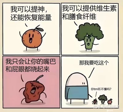 这是一张四格连环卡通梗图，以拟人化的食物角色展开对话：第一格中，拟人橘子兴奋地宣称自己可以提神、恢复能量；第二格的拟人西兰花温和地介绍自己能提供维生素和膳食纤维；第三格的拟人辣味食物愤怒地吼出自己会让嘴巴和屁股都有灼烧感；第四格的拟人米饭角色却淡定地指着辣味食物表示要选它，旁边的三个食物角色露出震惊不满的神情，还有小字旁白吐槽“你tm听不懂吗？”。这张图用夸张幽默的方式，精准调侃了许多人明明知晓吃辣会带来肠胃不适，但依旧抗拒不了辣味食物诱惑的真实饮食偏好，内容直白搞笑，没有双关或谐音梗。