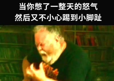 图片上方有文字'当你憋了一整天的怒气 然后又不小心踢到小脚趾'，下方是一位老人闭眼张嘴、手捂胸口，表情痛苦，似乎在释放强烈情绪的画面。背景是一个书架。