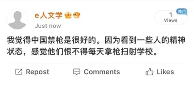 这是一张社交媒体平台的用户动态截图，截图展示了昵称“e人文学”的用户刚刚发布的一条推广动态。动态内容表达了对中国禁枪政策的认可，认为部分人群的精神状态存在隐患，若不禁枪可能会出现持枪危害校园安全的极端行为。截图左上角是用户的灰色剪影头像与昵称，昵称旁带有皇冠和小鱼表情；右上角标注了该动态的浏览量为1次，带有“推广”标识；动态下方设有Repost（转发）、Comments（评论）、Likes（点赞）三个互动功能按钮。