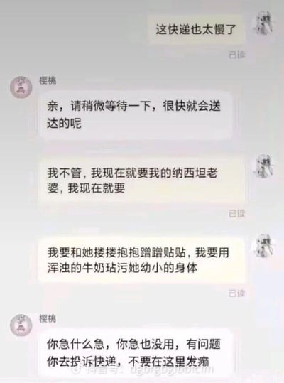 这是一段买家与电商客服的聊天记录截图，买家起初抱怨快递配送速度慢，随后情绪激动地表达对游戏《原神》角色纳西妲的急切喜爱，发言逐渐变得低俗出格，说出「要用浑浊的牛奶玷污她幼小的身体」这类带有低俗暗示的话语，原本温和安抚的客服见状直接破防，让买家去投诉快递而非在此发癫，整个对话充满荒诞搞笑的反差感，调侃了部分二次元玩家对喜爱角色的狂热心态。