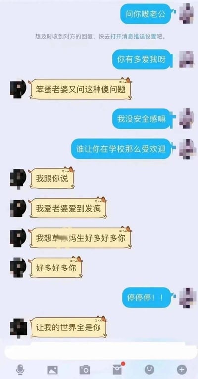 这是一对情侣的手机聊天记录截图，女生因男生在学校受欢迎而缺乏安全感，向男生询问爱意程度。男生先是以宠溺的语气回应，随后用夸张甚至带点口胡的虎狼之词表达浓烈的爱意，中途的粗俗口胡被女生打断后，男生继续用浪漫的话语告白，整体氛围甜蜜又充满趣味。
无谐音梗、双关或暗示内容。