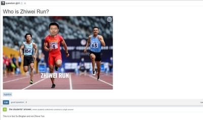 这是一张趣味恶搞P图，网友将田径运动员苏炳添比赛冲刺的照片进行换脸处理，把他的头部替换成一位戴眼镜男性的脸，并在图下方加注文字“ZHIWEI RUN”，同时将这张图放到一个学生集体协作答题的网页平台上，提问“Who is Zhiwei Run?”，下方的学生回答指出“这其实是苏炳添，不是Zhiwei Yun”。这张图玩了谐音梗，“Run”和中文“润”发音相同，结合名字制造出搞笑的玩梗效果，用来调侃和趣味恶搞。