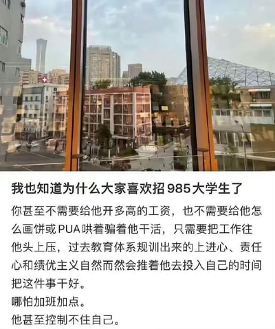 图片上半部分是从室内窗户拍摄的城市街景，背景可见北京地标中国尊及其他城市建筑，包括带有红十字标识的医院建筑；下半部分是一段职场吐槽文字，内容为分析企业喜欢招聘985大学生的原因：不需要支付高薪、画饼或PUA，只需布置工作，过往教育体系规训出的上进心、责任心和绩优主义会推动他们主动投入时间甚至加班加点完成工作，调侃了绩优主义规训下985毕业生的职场处境，无谐音梗或双关含义。