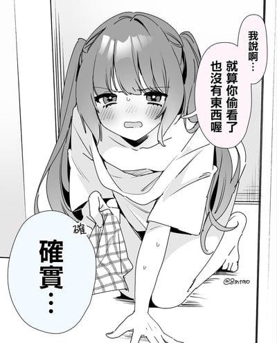 这是一幅原创二次元短漫，画面里扎双马尾的女生蹲在地上，满脸通红、眼神窘迫，手里拿着一条格子内裤，嘴硬地说“我說啊…就算你偷看了也沒有東西喔”，而回应的一方只说了“確實…”，形成了女生害羞又嘴硬的反差感，是充满小暧昧的尴尬日常场景。