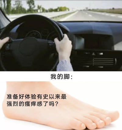 这是一张采用上下拼接形式的顶配底文静态图，上半部分展示了一个人双手紧握汽车方向盘，正在道路上驾驶的车内场景；下半部分是一只人类脚部的特写。图中搭配了趣味文字，“我的脚：”作为脚部的标识，脚部的配文为“准备好体验有史以来最强烈的瘙痒感了吗？”，生动调侃了人们在专注驾驶时，脚却会不合时宜地产生强烈瘙痒感，那种想挠又无法分心处理的无奈又好笑的日常小尴尬，引发有过类似驾驶体验的人的共鸣。