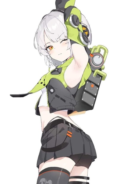 这是一张竖版的二次元原创插画，画面主体是一位银灰短发的元气少女：她有着橙黄色的明亮眼眸，正单眼wink，脸颊带着淡淡的红晕，一只手抬起放在头部附近，姿态俏皮。少女的穿搭是充满酷感的机能风：上身是荧光绿拼接深灰的短款工装马甲，内搭白色露脐上衣，露出纤细腰腹；下身是深灰百褶短裙搭配同色安全裤，腿上穿着带有灰色图案和橙红线条装饰的黑色长筒袜。她的背后背着带有管道和圆形仪表的机能装置，手上戴着和马甲配色呼应的荧光绿机能手套，整体风格将少女的俏皮与机能风的硬朗感结合，背景为纯白色，完全突出了人物主体的细节与气质。