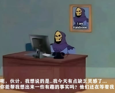 图片中是动画《宇宙的巨人希曼》中的经典反派角色骷髅王，他正坐在一张木质办公桌前使用电脑。墙上挂着一幅他的自画像，画像下方写着"I am Handsome"。骷髅王面露难色，似乎遇到了创作瓶颈，底部的中文对白显示他正在向人求助："呃，伙计，我想说的是..我今天有点缺乏灵感了...你能帮我想出来一些有趣的事实吗？他们还在等着我"。这种将经典反派角色置于现代办公场景并赋予其普通人烦恼的设定，形成了强烈的反差萌和幽默感。