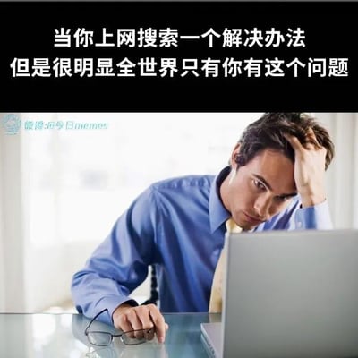 这是一张吐槽类梗图，画面主体是一位穿着蓝色衬衫的男士，他单手扶着额头，另一只手握着眼镜，眉头紧锁、眼神烦躁地盯着面前的笔记本电脑，呈现出焦虑无奈的状态。图片顶部配有文字：“当你上网搜索一个解决办法 但是很明显全世界只有你有这个问题”，精准描绘了人们在遇到小众、罕见的问题，试图通过网络寻找解决方案却一无所获时的崩溃与无奈，没有双关、谐音梗或暗示内容。