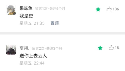 这是一张社交媒体评论区的截图，展示了两条充满趣味互动的评论。用户“果冻鱼”发布了一条低俗谐音梗评论“我是史”（谐音“我是屎”），该评论被置顶，获得了136个点赞；用户“夏翺.”随后发布评论“送你上去丢人”，调侃前者的搞笑丢人行为，获得18个点赞。两条评论的用户头像均为动漫角色，分别是《崩坏：星穹铁道》的女开拓者和一位未知动漫角色，评论区的互动充满了玩梗的轻松搞笑氛围。