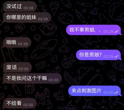 这是一张聊天记录截图，显示了两个参与者之间的对话。背景是深色的，上面有各种浅色的涂鸦图案，包括冰淇淋、星星、相机、游戏手柄等元素。对话内容围绕着"男娘"身份展开，一方澄清自己不是男娘，另一方询问对方是否是男娘，并最终索要"刺激图片"。消息时间戳显示对话发生在凌晨3点28分到3点30分之间。