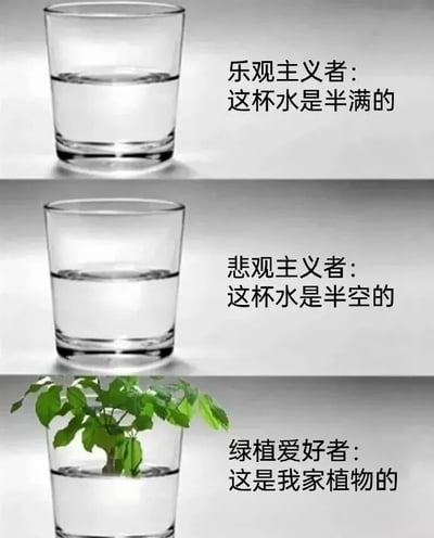 图片为上下三格对比构图，每格均展示一个装有半杯水的透明玻璃杯。上格配文“乐观主义者：这杯水是半满的”，中格配文“悲观主义者：这杯水是半空的”，下格在水杯中加入了一株绿植，配文“绿植爱好者：这是我家植物的”。通过不同身份人群对同一杯水的不同视角，以幽默方式展现心态差异和兴趣偏好。